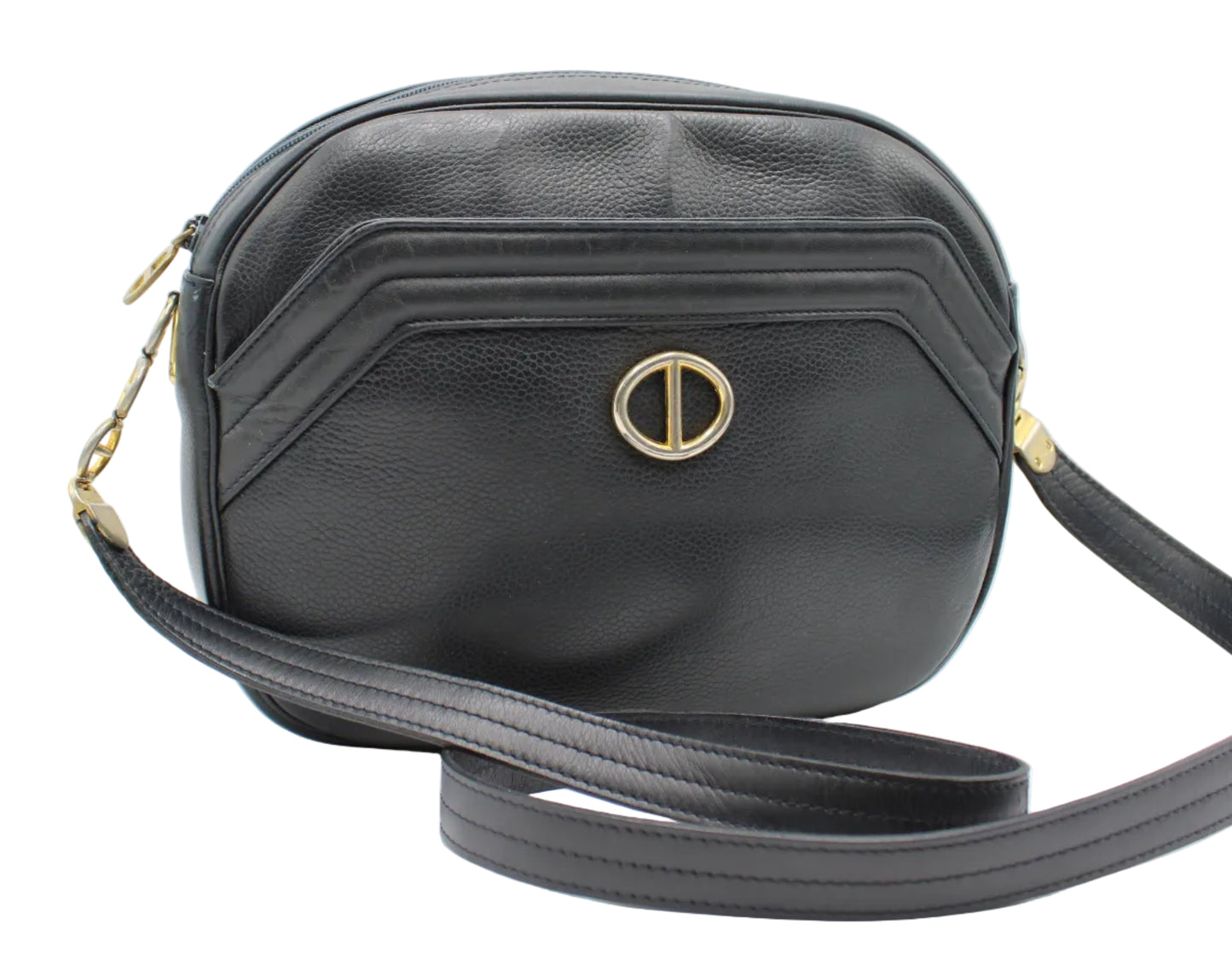  Christian Dior Black Leather CD Logo Crossbody Bag Black leather handbag with gold accents on a white background