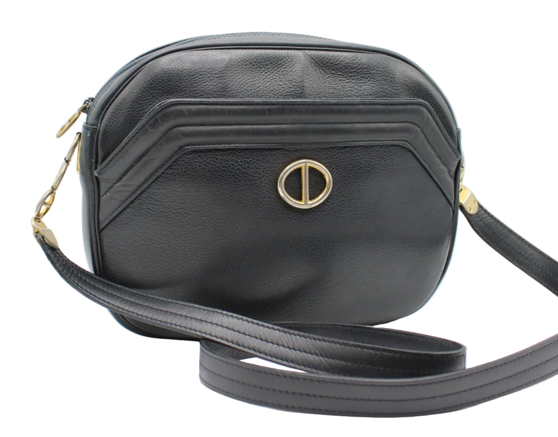  Christian Dior Black Leather CD Logo Crossbody Bag Black leather handbag with gold accents on a white background
