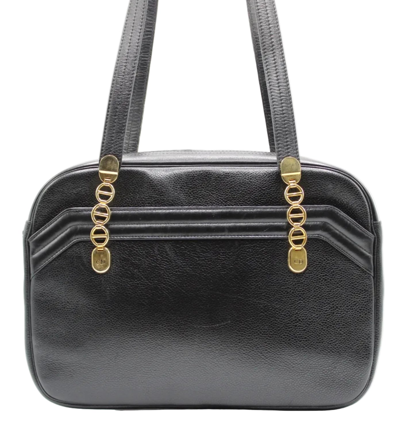Christian Dior Black Leather Logo Chain Tote Black handbag with gold accents on a white background
