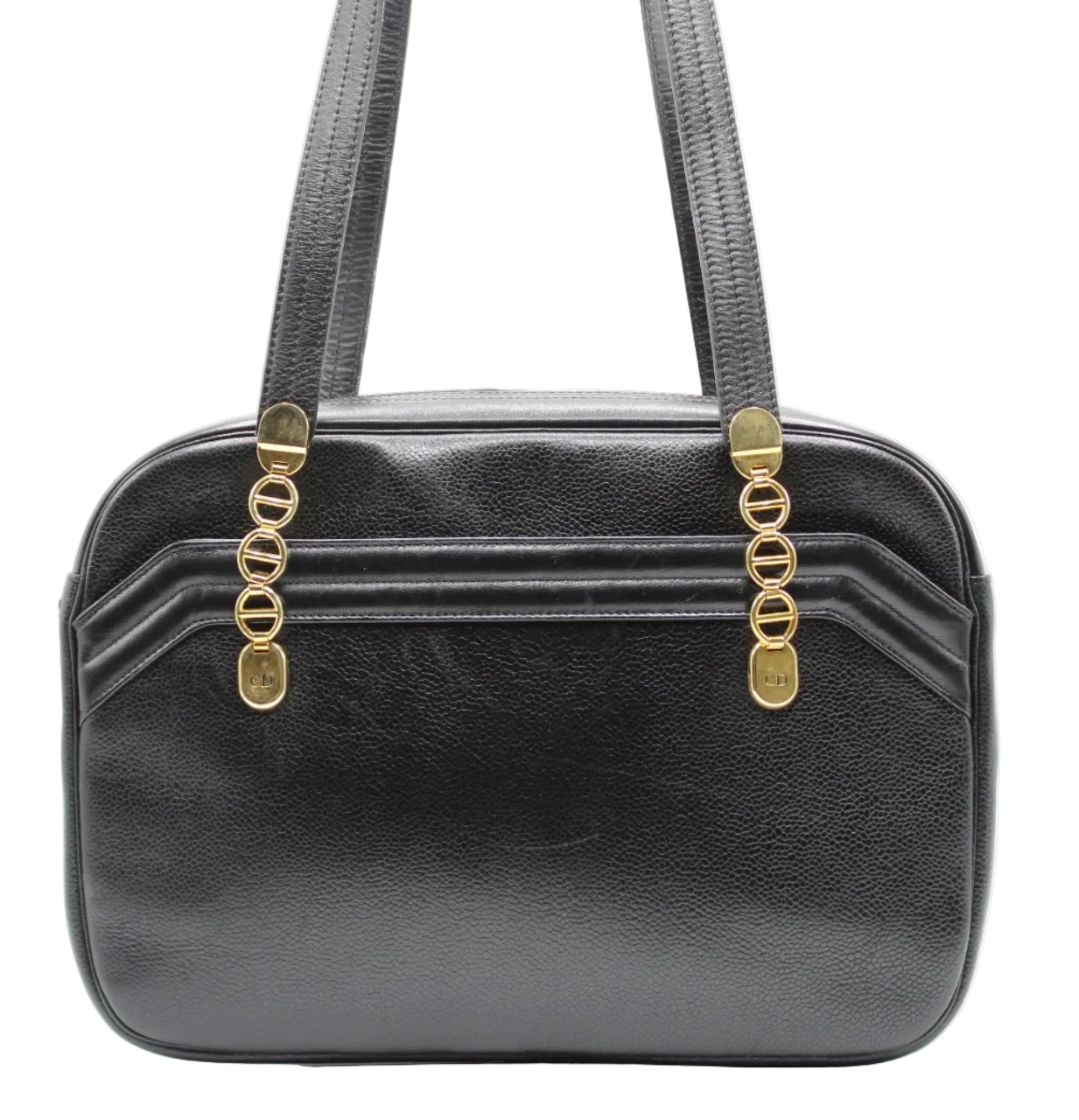 Christian Dior Black Leather Logo Chain Tote Black handbag with gold accents on a white background