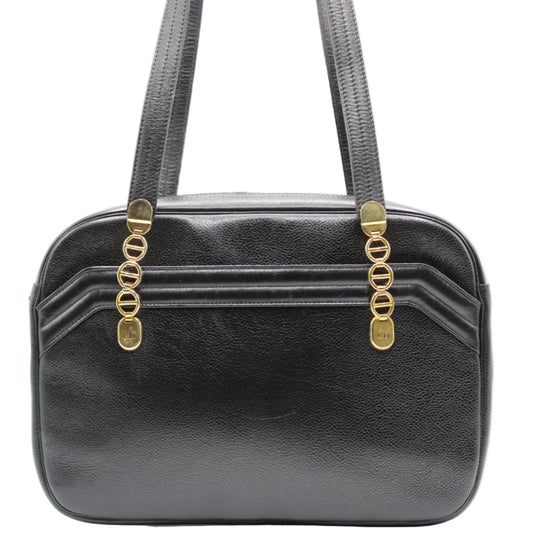 Christian Dior Black Leather Logo Chain Tote Black handbag with gold accents on a white background