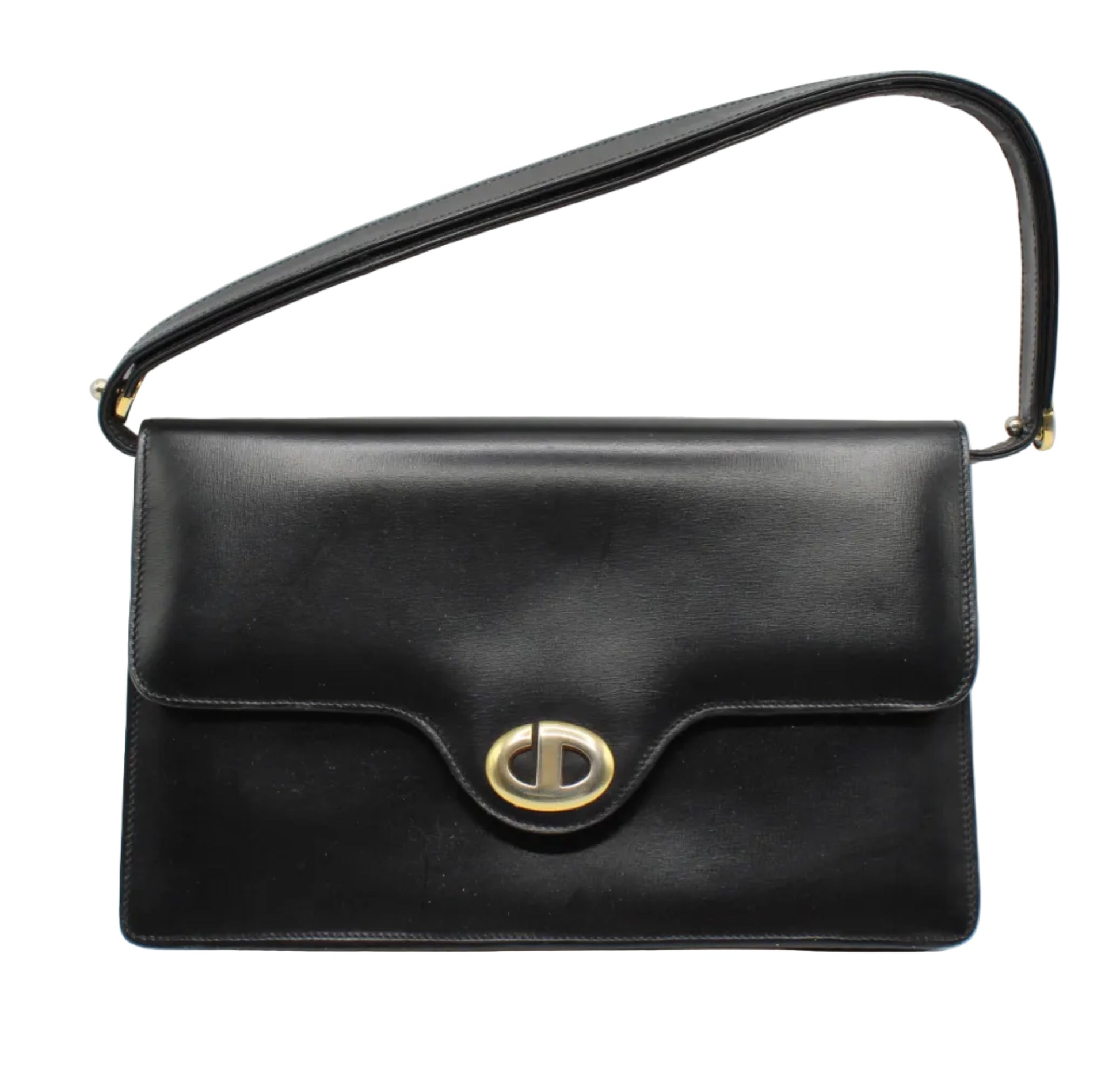Black leather handbag with gold clasp on a light gray background Christian Dior Black Leather Logo Flap Shoulder Bag
