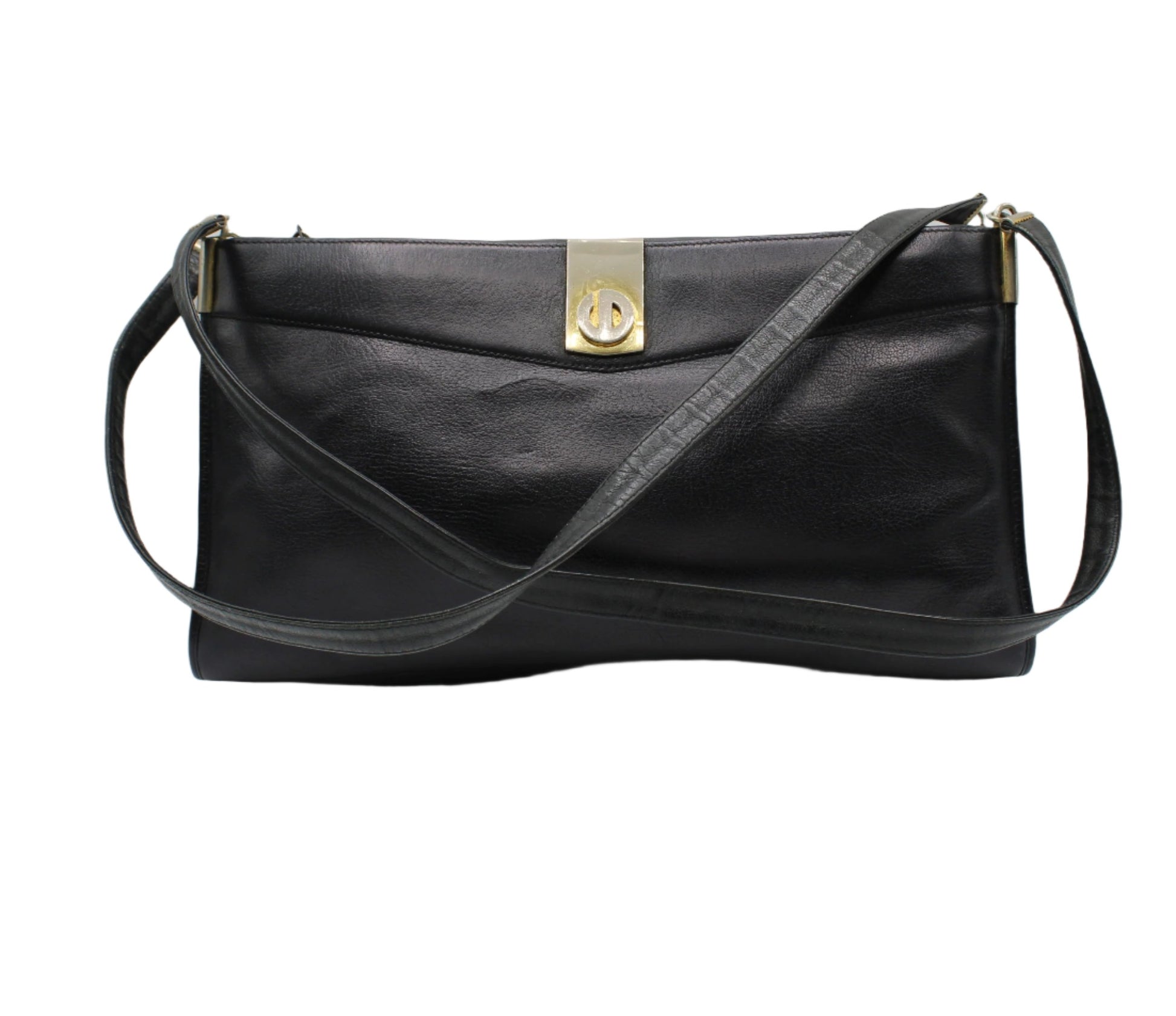 Christian Dior Black Leather Shoulder Bag with Gold-Tone Logo