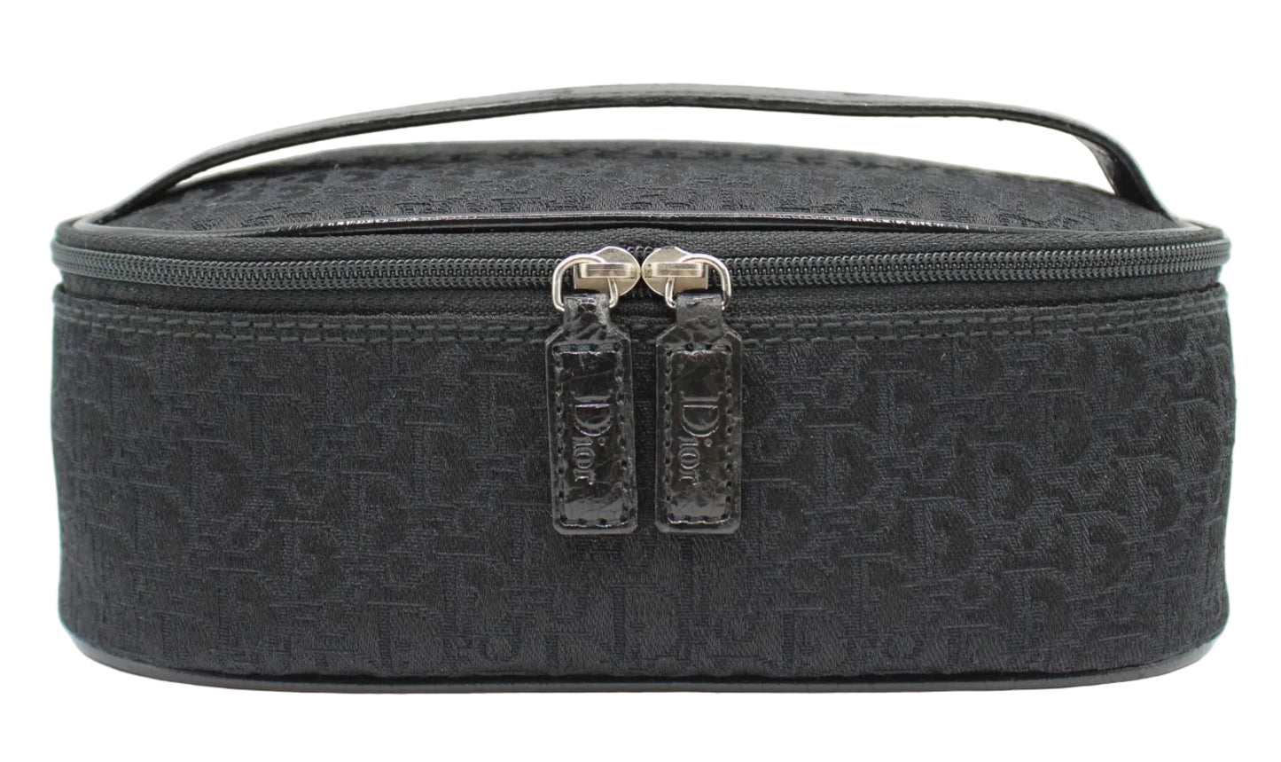Black textured travel case with a zipper on a white background Christian Dior Black Logo Cloth Mini Vanity Bag