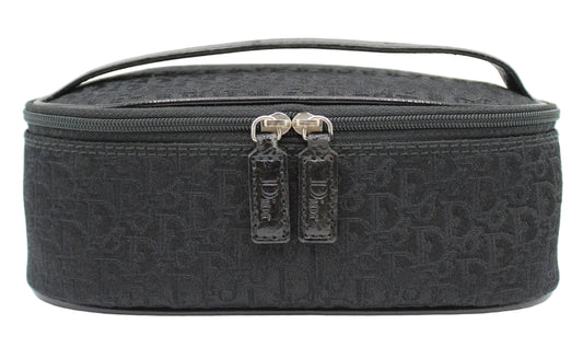 Black textured travel case with a zipper on a white background Christian Dior Black Logo Cloth Mini Vanity Bag