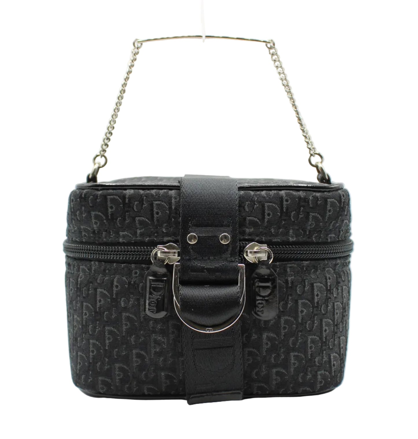 Christian Dior Black Logo Print Vanity Chain Bag Black patterned handbag with gold chain strap on a white background