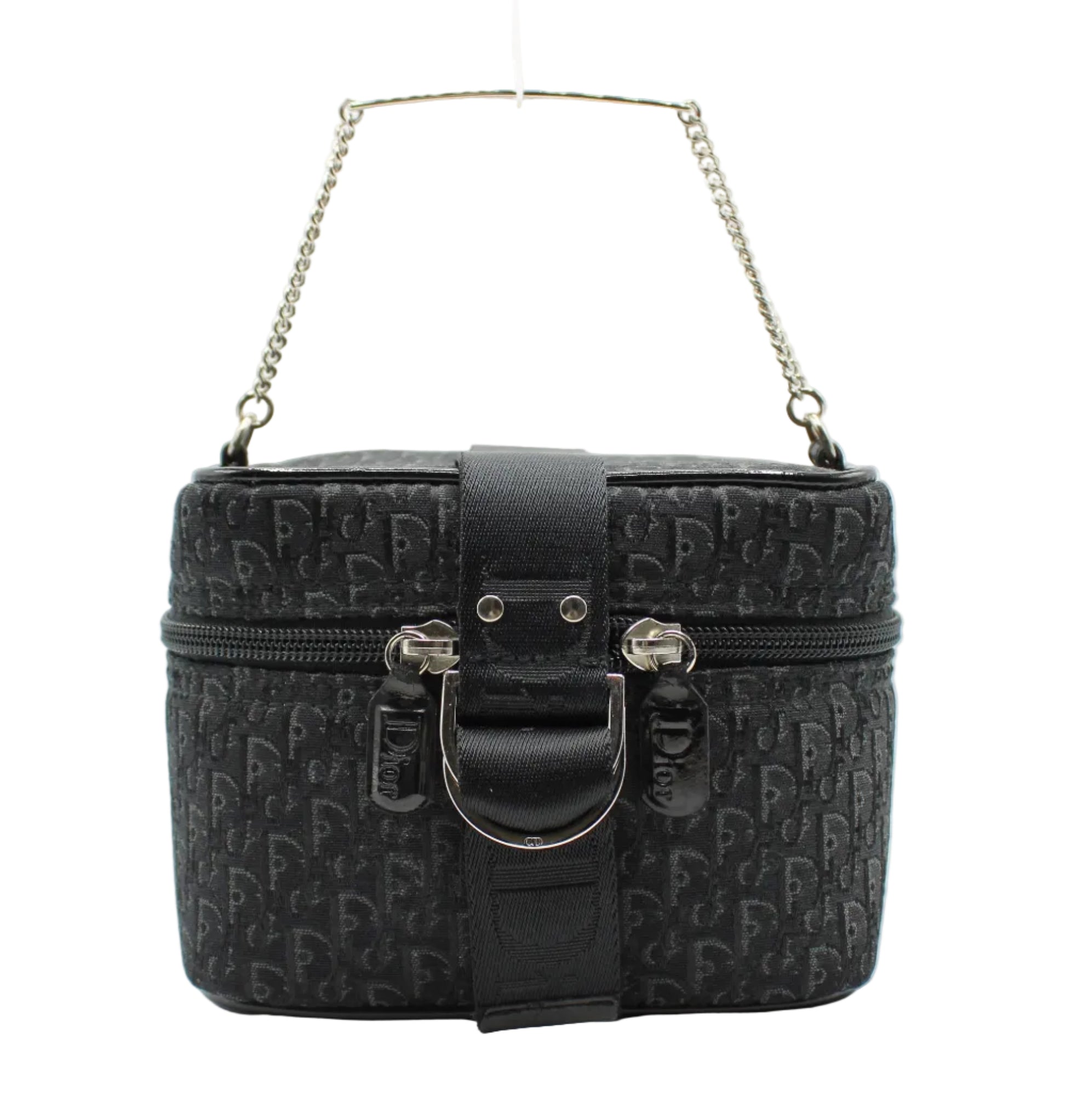 Christian Dior Black Logo Print Vanity Chain Bag Black patterned handbag with gold chain strap on a white background