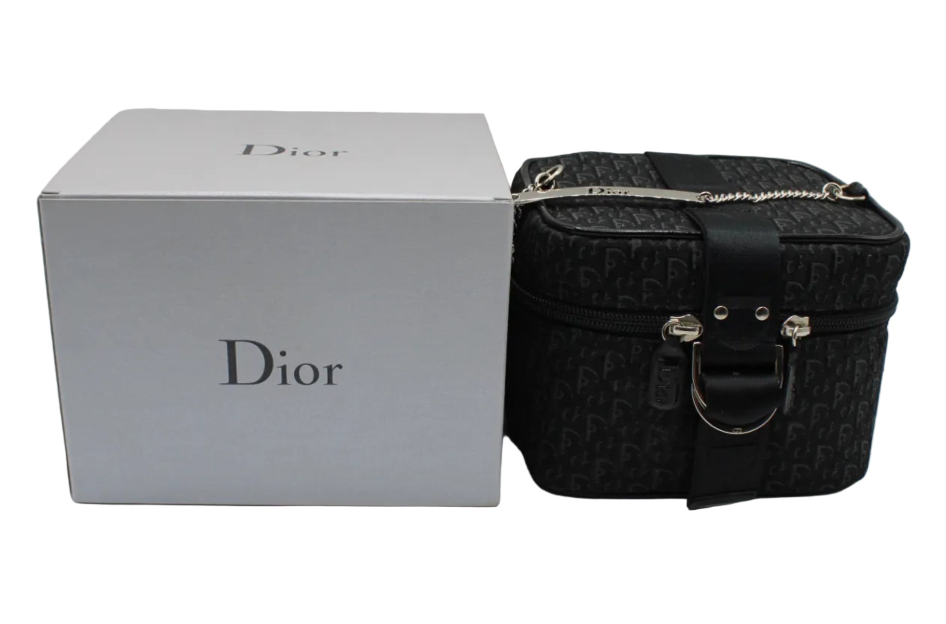 Black Dior vanity case with matching box on a white background