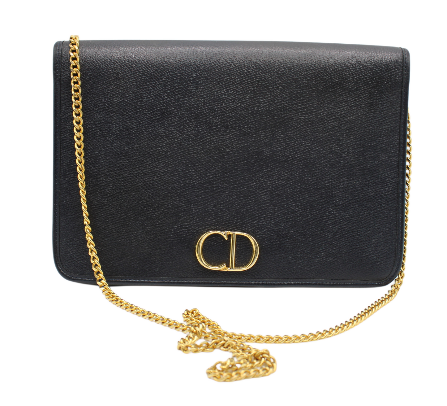 Black handbag with a gold chain and clasp on a white background