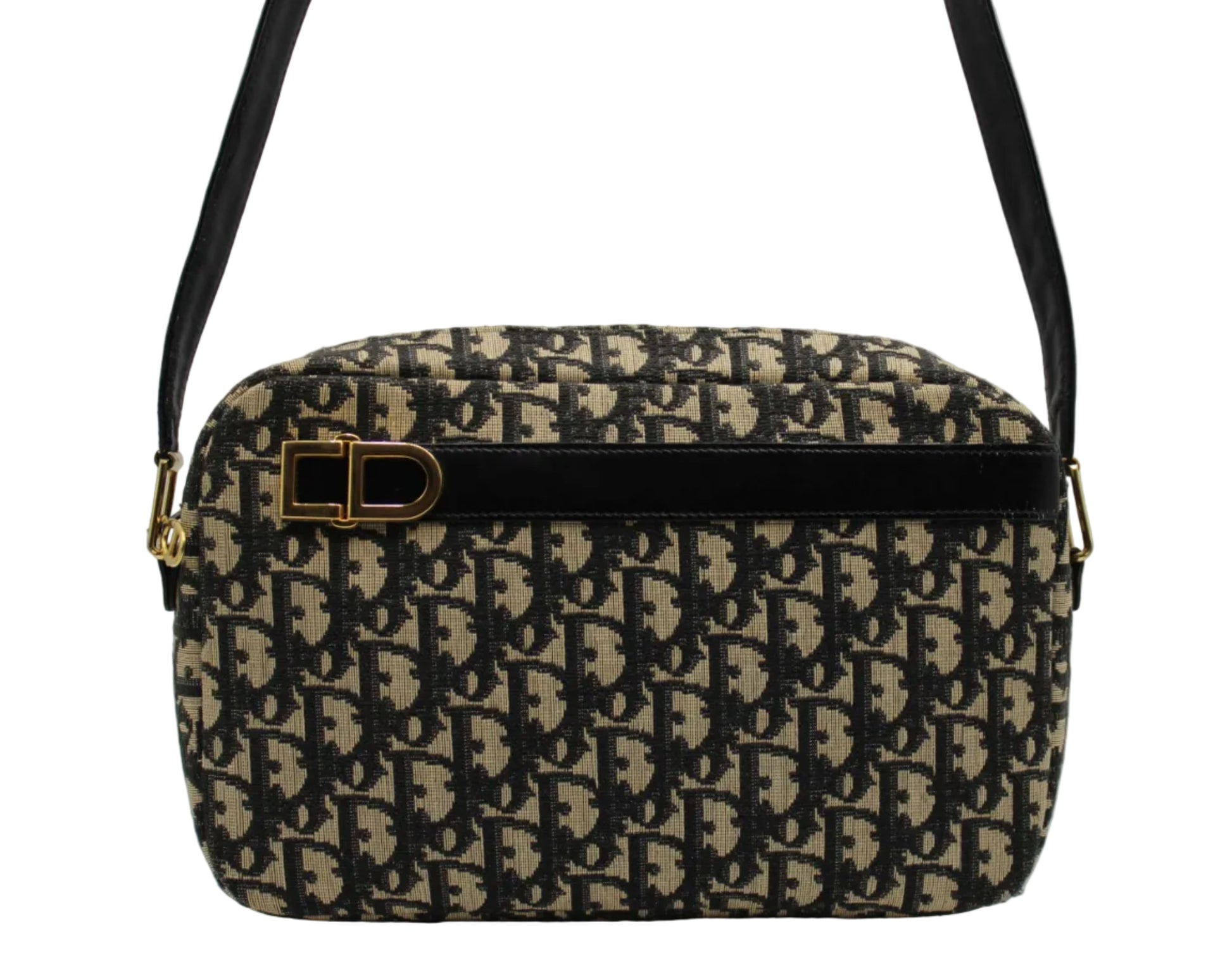 Christian Dior Black Trotter Canvas Leather Strap Shoulder Bag Patterned handbag with a gold clasp on a white background