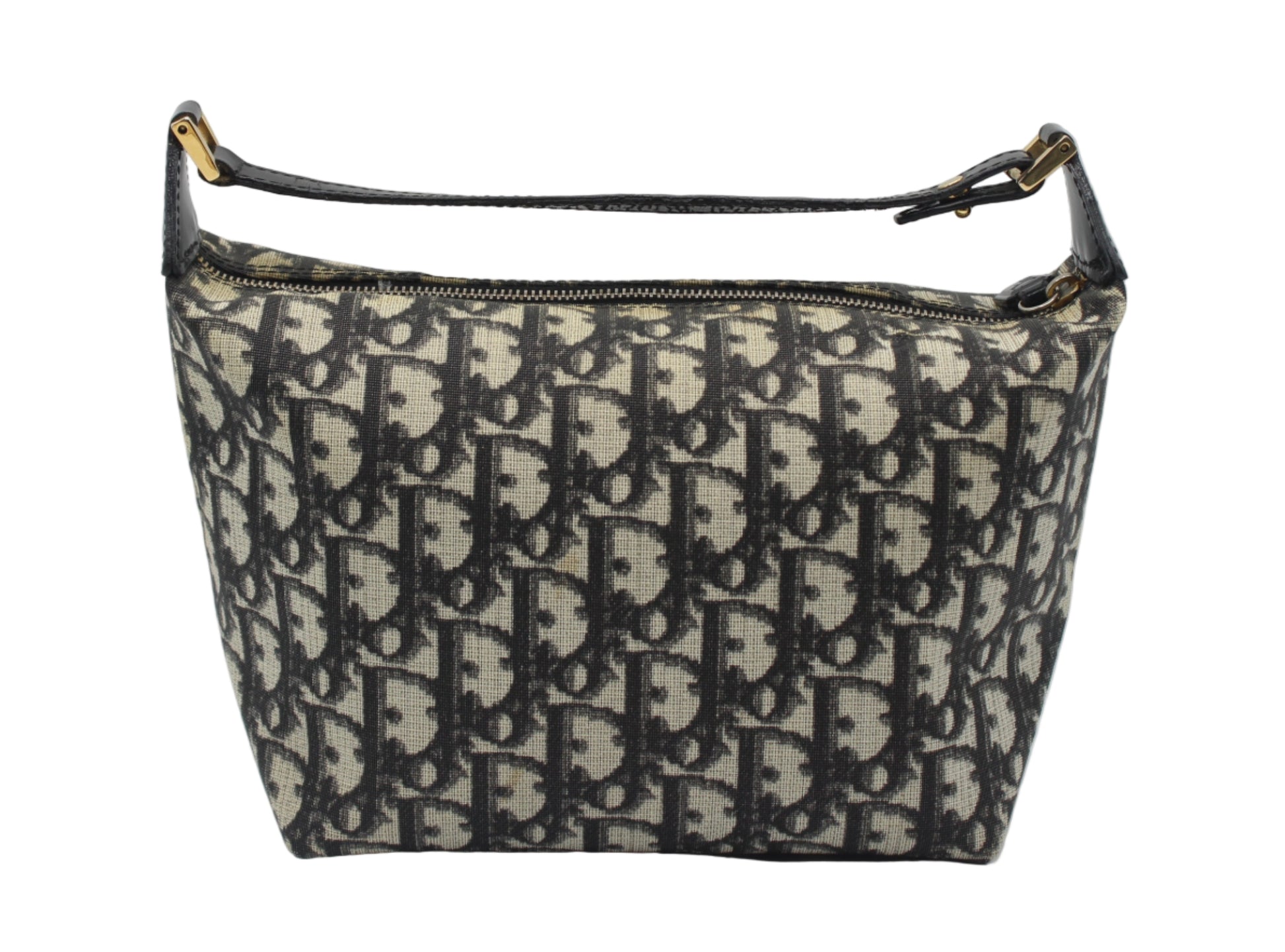 Christian Dior Black Trotter Canvas Patent Leather Handle Handbag Designer handbag with monogram pattern on a light gray background