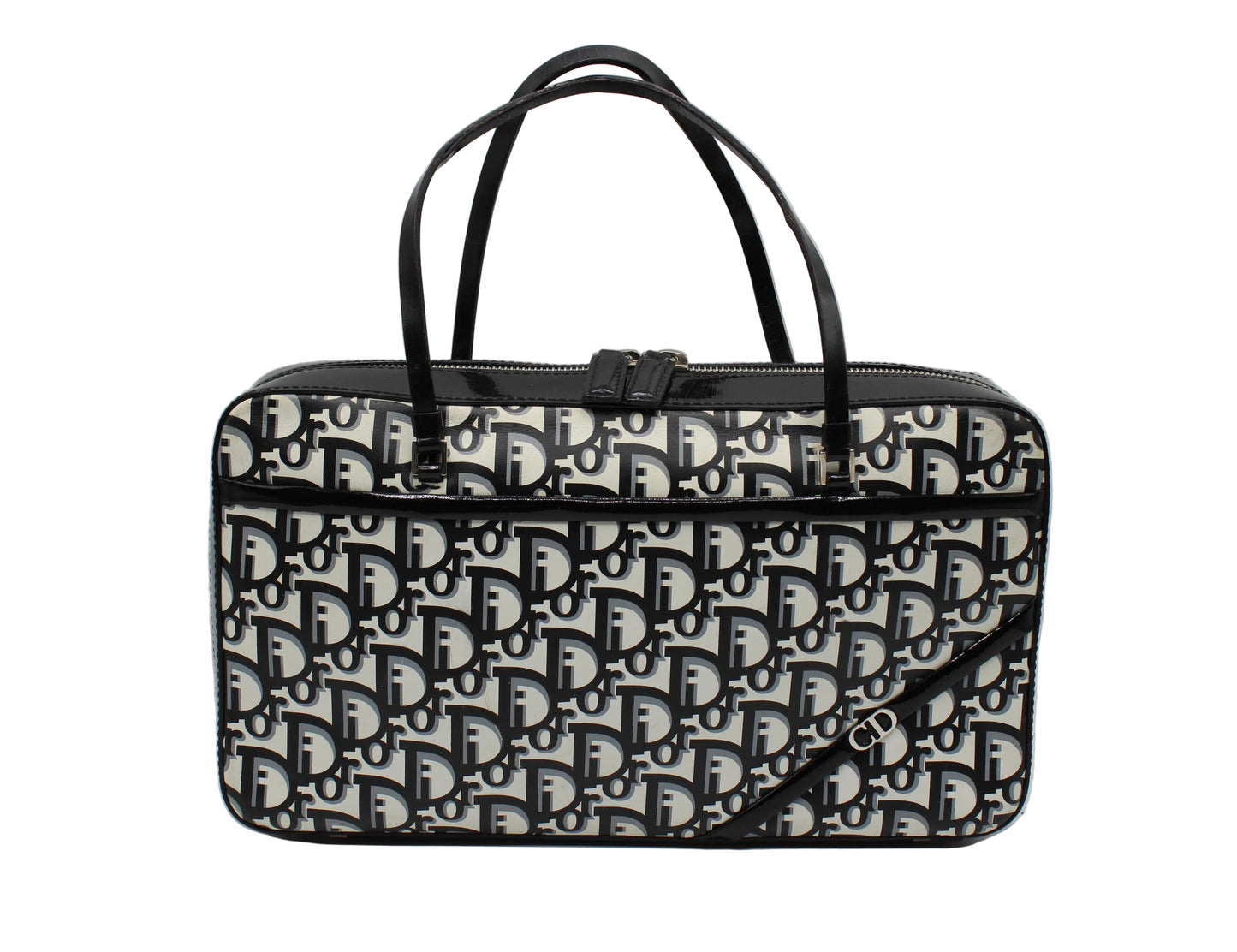 Christian Dior Black White Monogram Patent Leather Flat Boston Bag Black and white patterned handbag on a light gray background