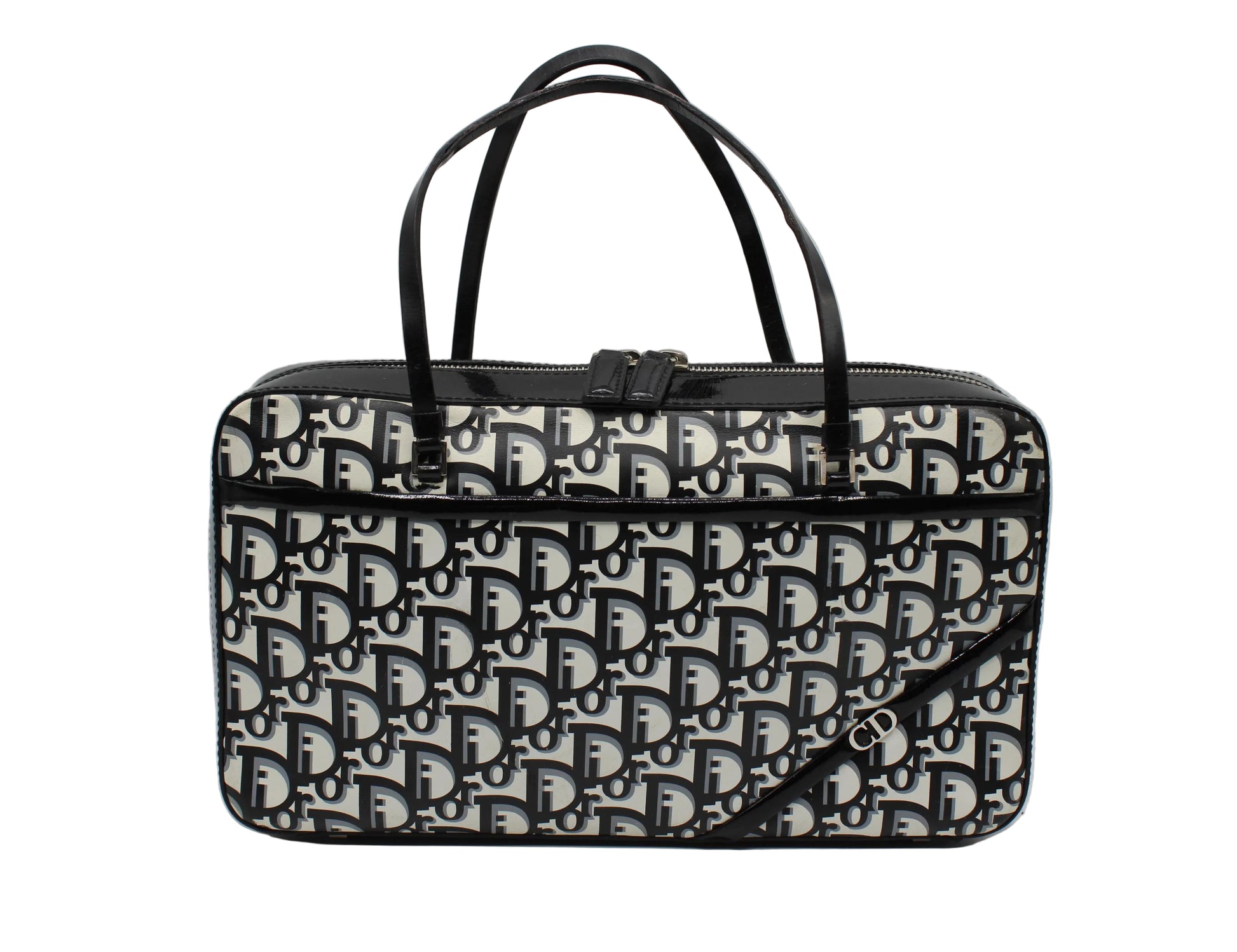 Christian Dior Black White Monogram Patent Leather Flat Boston Bag Black and white patterned handbag on a light gray background