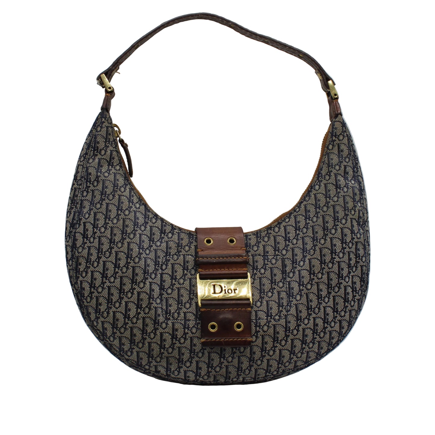 Christian Dior Blue Oblique Canvas Street Chic Hobo Bag A Dior hobo shoulder bag in the signature Oblique monogram canvas, featuring dark brown leather trim and a gold-tone Dior logo clasp on a light gray background.