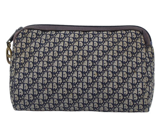 Christian Dior Blue Trotter Oblique Canvas Leather Trim Pouch Fabric pouch with a pattern on a white background