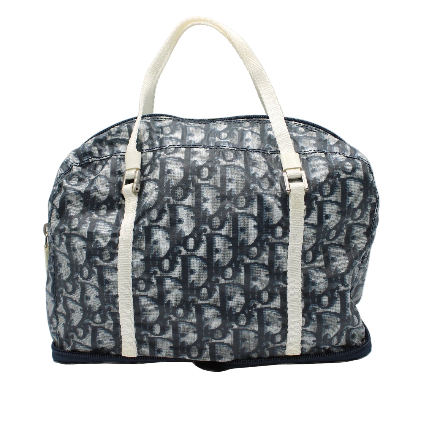 Christian Dior Blue White Trotter Nylon Foldable Travel Handbag Designer handbag with monogram pattern on a white background