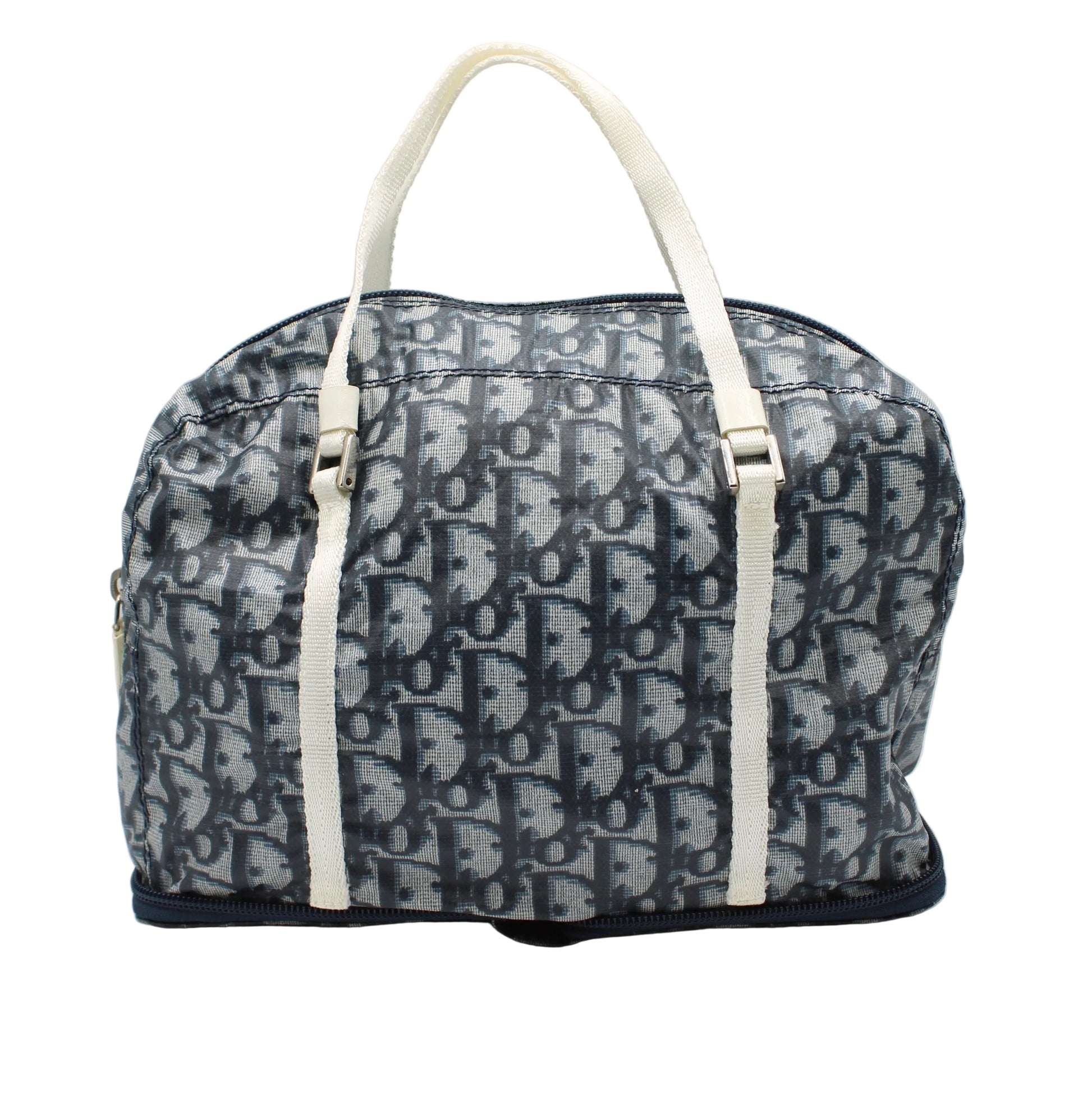 Christian Dior Blue White Trotter Nylon Foldable Travel Handbag Designer handbag with monogram pattern on a white background