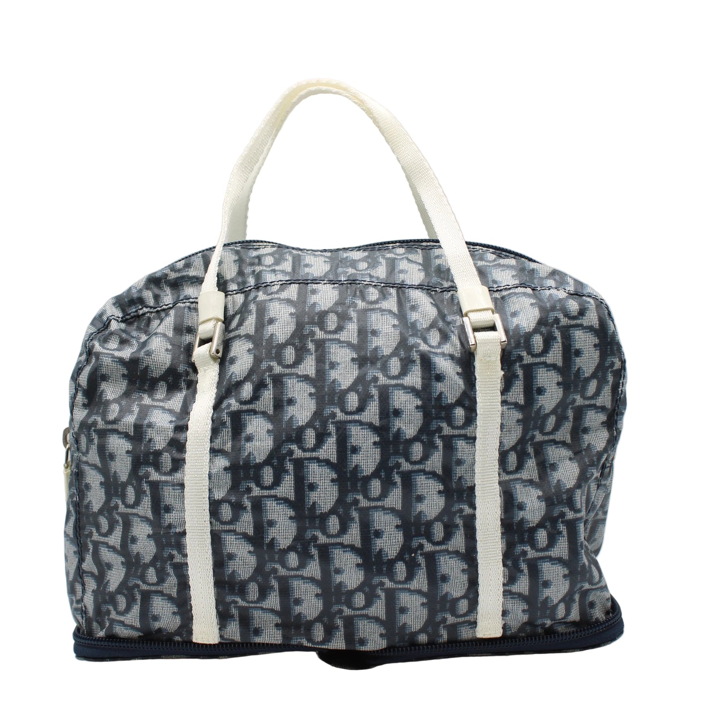 Christian Dior Blue White Trotter Nylon Foldable Travel Handbag Designer handbag with monogram pattern on a white background