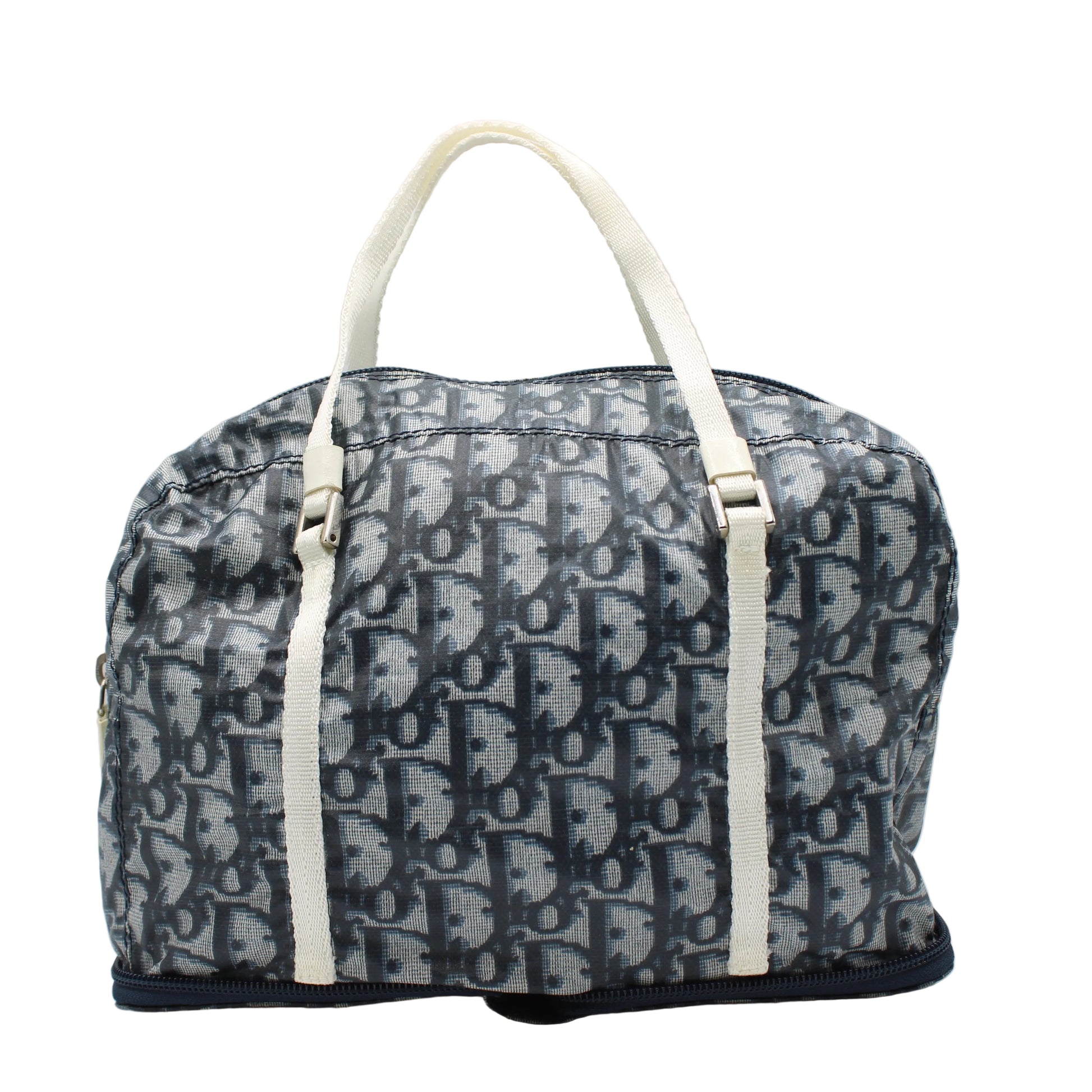 Christian Dior Blue White Trotter Nylon Foldable Travel Handbag Designer handbag with monogram pattern on a white background