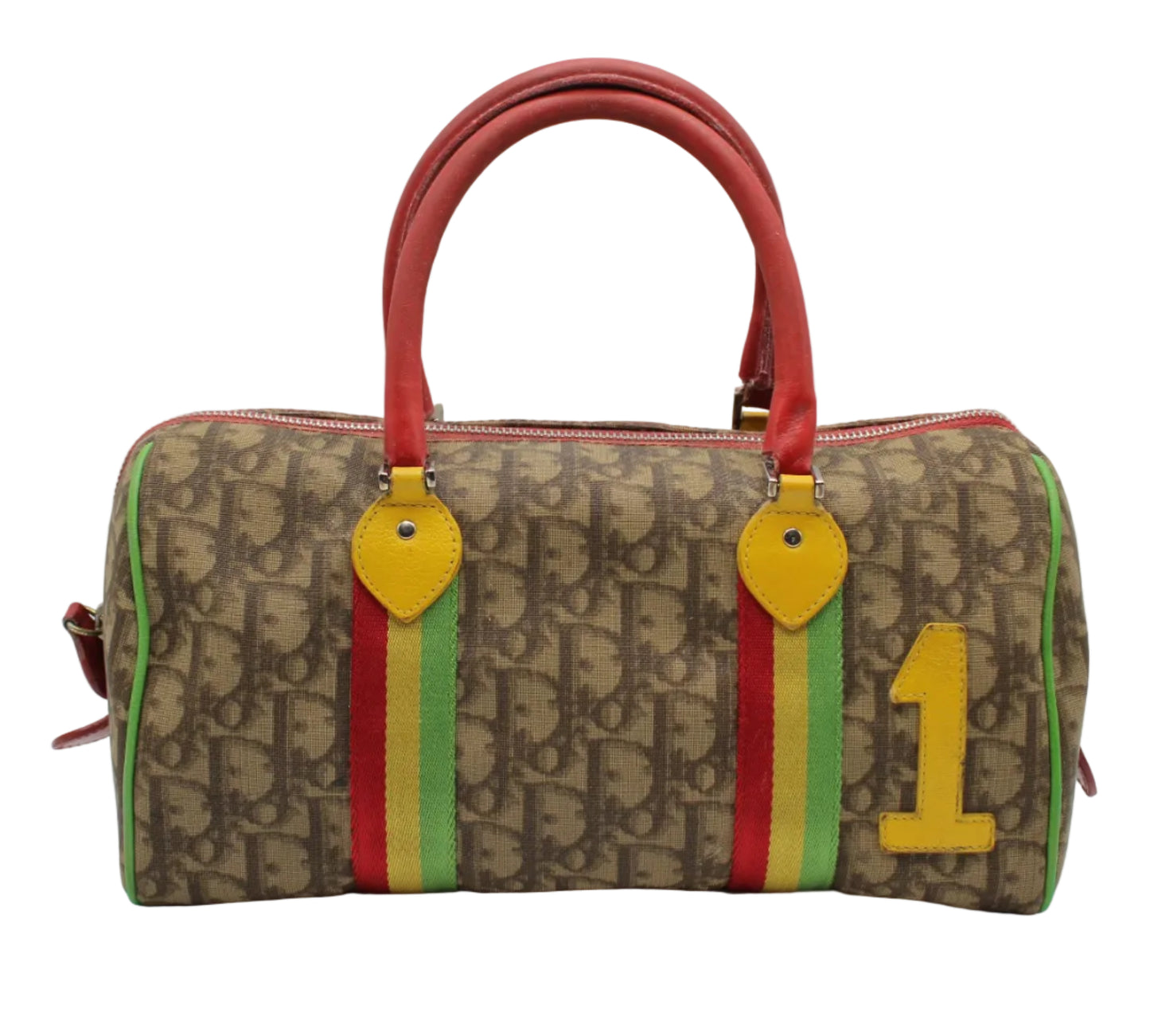 Christian Dior Brown Canvas Rasta Number One Mini Boston Bag Designer handbag with colorful accents on a white background