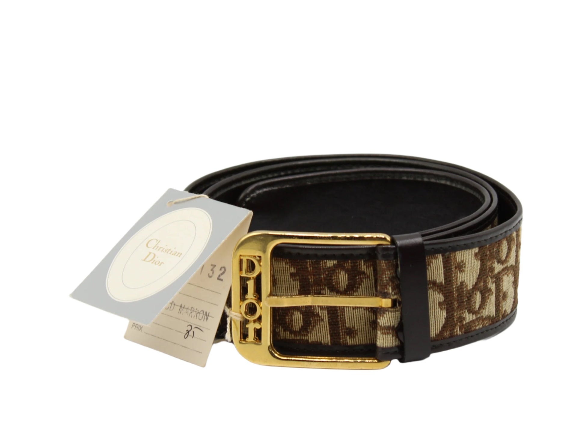 Christian Dior Brown Canvas Trotter Belt Gold Buckle