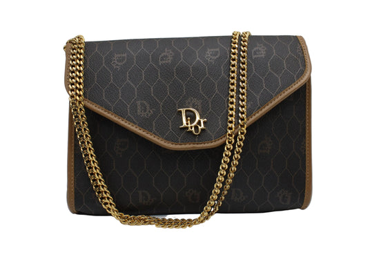 Christian Dior Brown Honeycomb Canvas Leather Chain Shoulder Bag Black handbag with gold chain strap on a white background