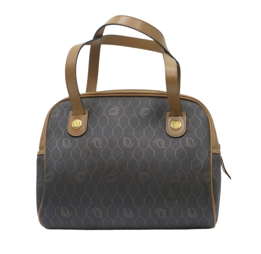Christian Dior Brown Honeycomb Mini Boston Handbag Leather Trim Handbag with brown handles and trim on a white background