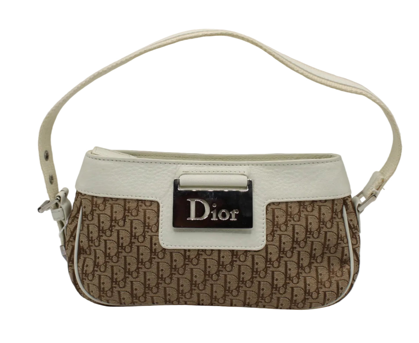 Dior handbag with brown monogram pattern and white accents on a light gray background Christian Dior Brown Monogram Canvas Mini Shoulder Bag