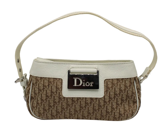 Dior handbag with brown monogram pattern and white accents on a light gray background Christian Dior Brown Monogram Canvas Mini Shoulder Bag