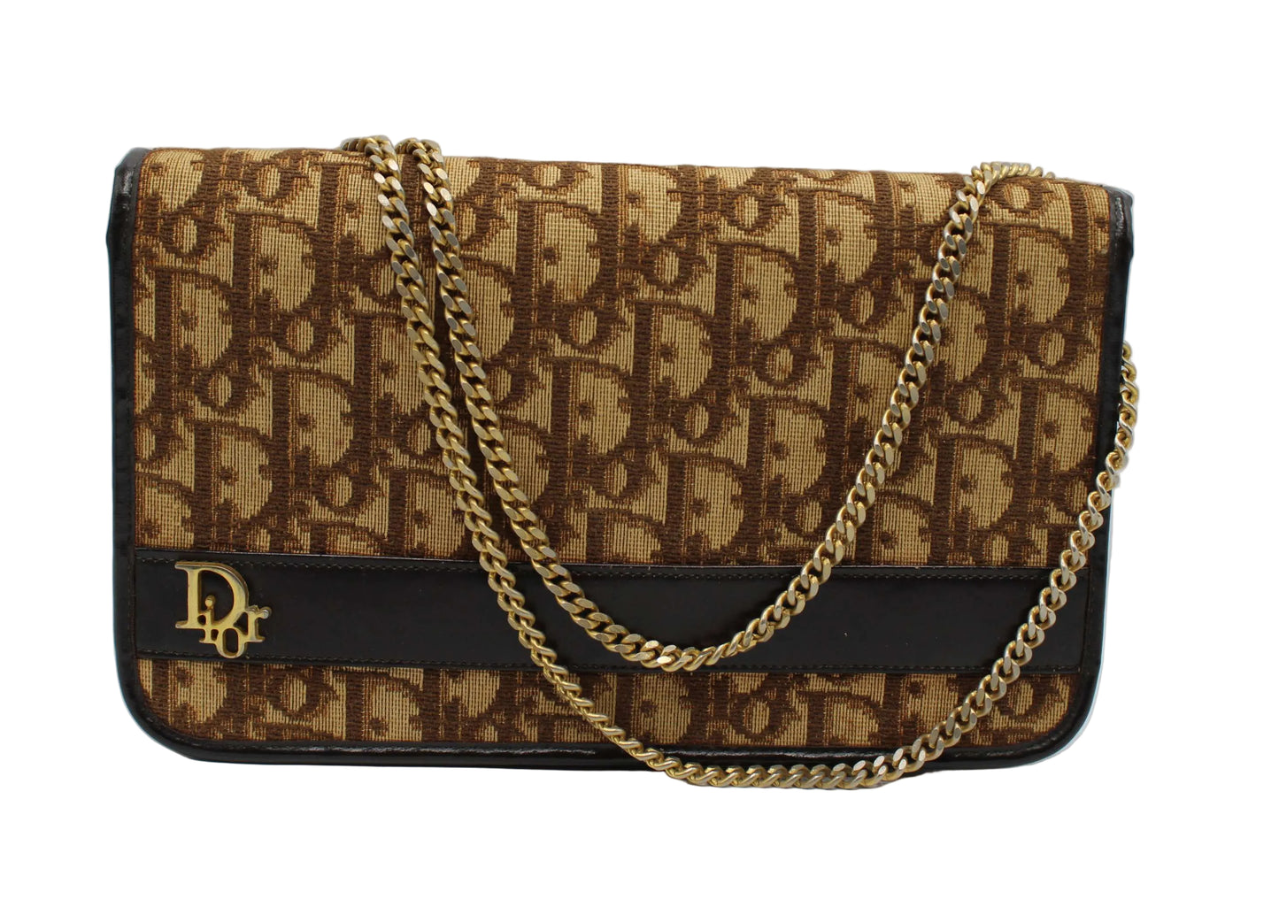Christian Dior Brown Trotter Canvas Chain Crossbody Bag Designer handbag with chain strap on a white background