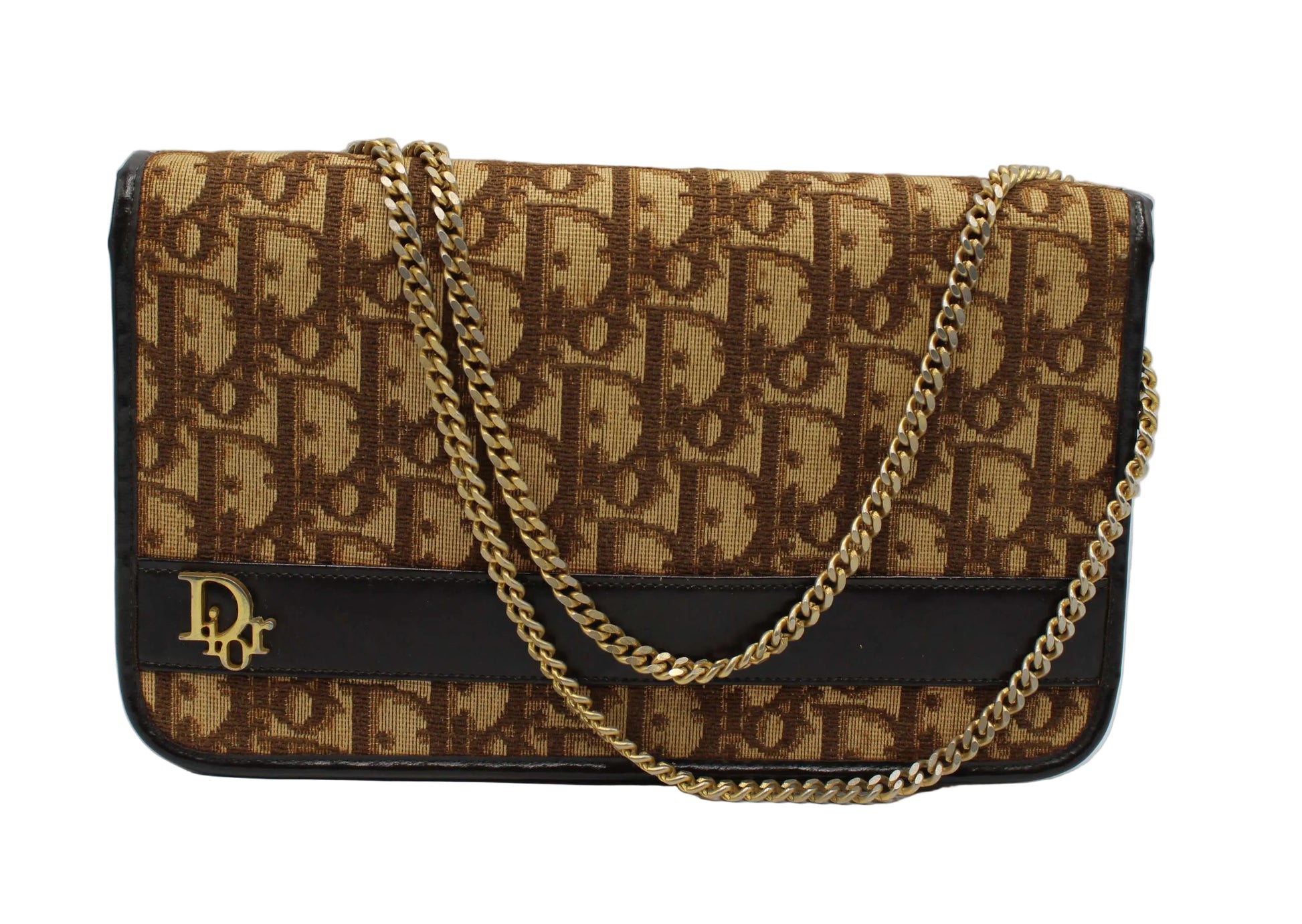 Christian Dior Brown Trotter Canvas Chain Crossbody Bag Designer handbag with chain strap on a white background