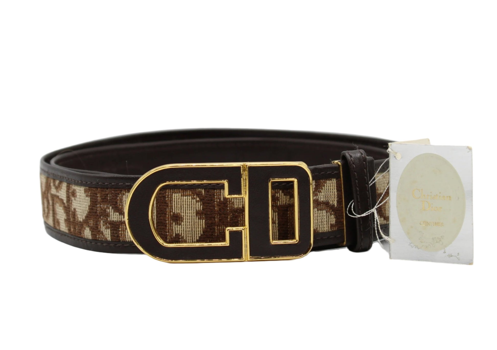 Christian Dior Brown Trotter Monogram Leather Belt Gold Logo Buckle