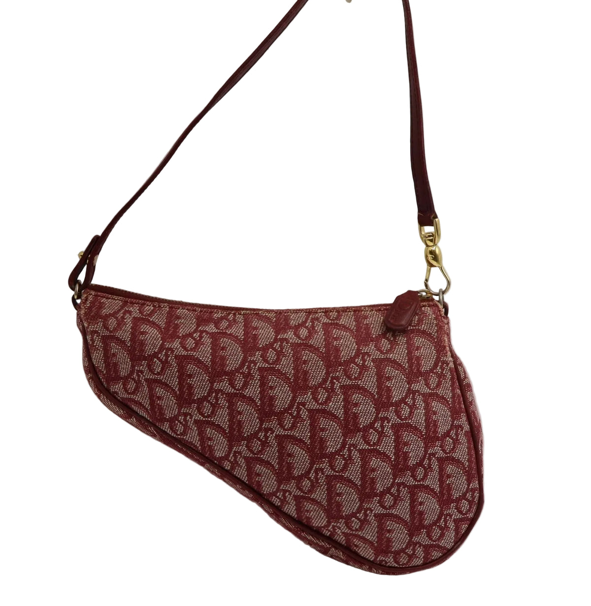 Christian Dior Burgundy Oblique Canvas Saddle Shoulder Bag A vintage Dior saddle shoulder bag in red and beige monogram canvas with dark red leather trim and strap, featuring gold-tone hardware.