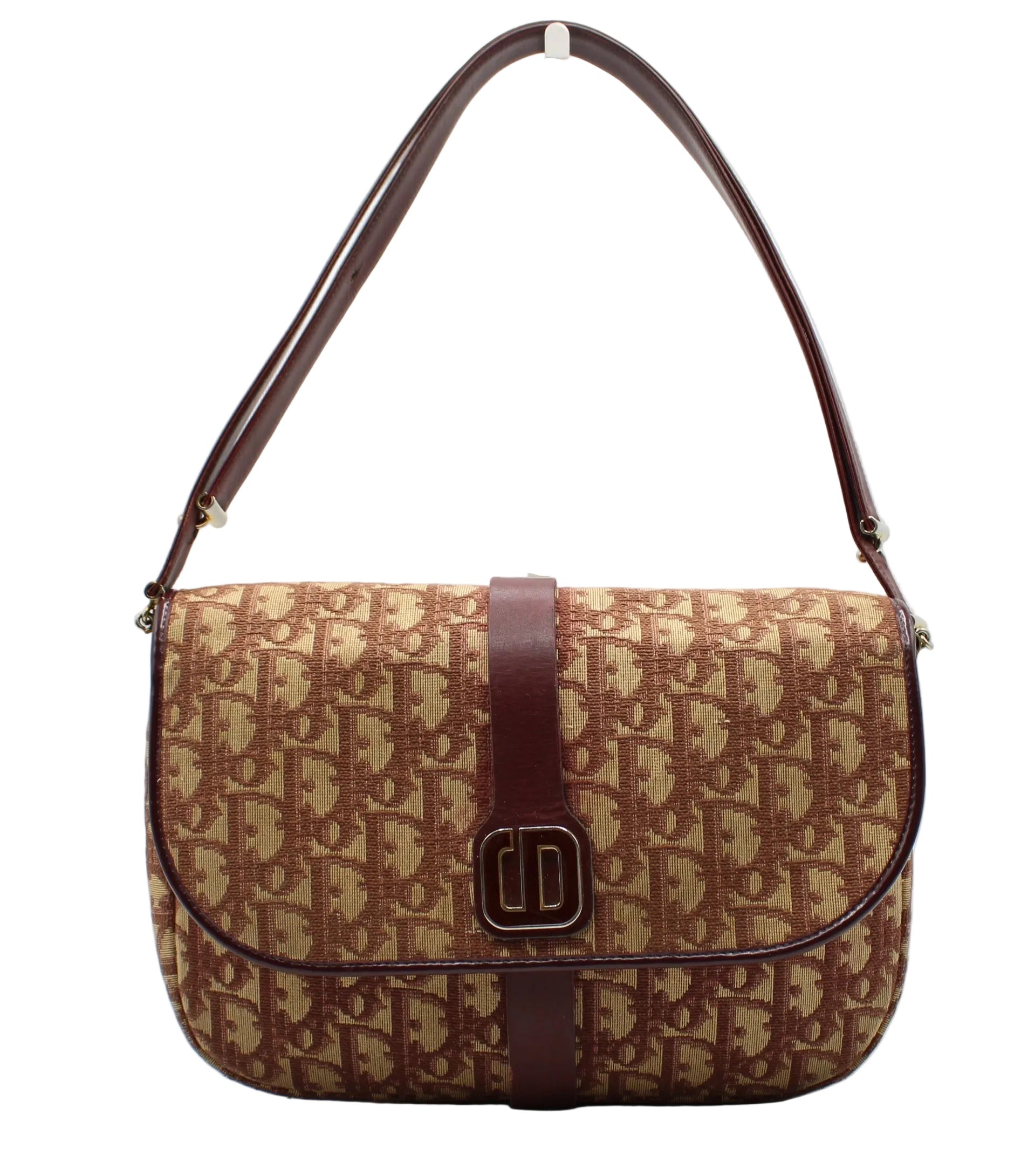 Christian Dior Burgundy Trotter Canvas Leather Shoulder Bag Designer handbag with brown and beige pattern on a white background