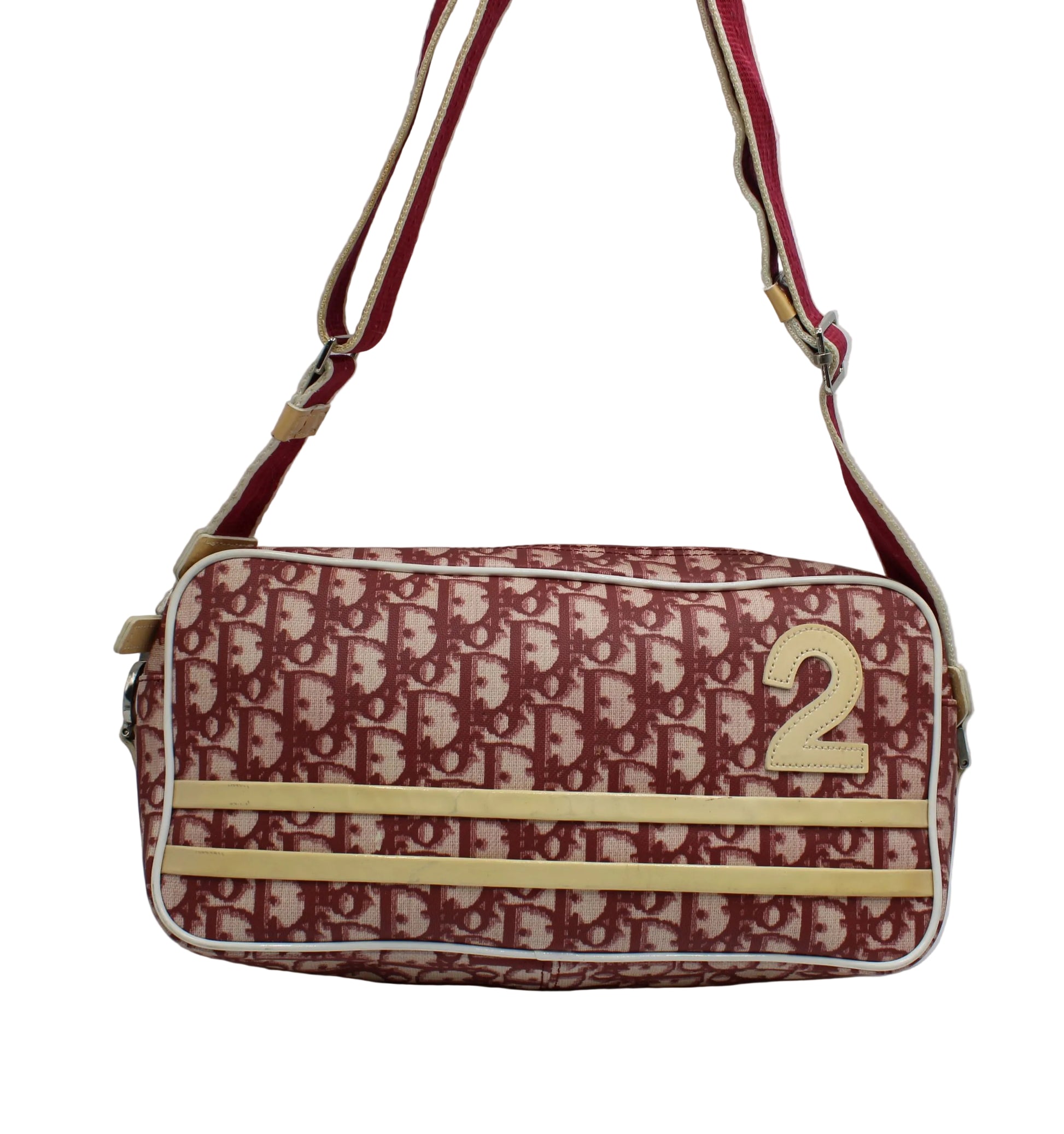 Christian Dior Burgundy Trotter Number 2 Canvas Crossbody Shoulder Bag Designer handbag with pattern and number '2' on a light gray background
