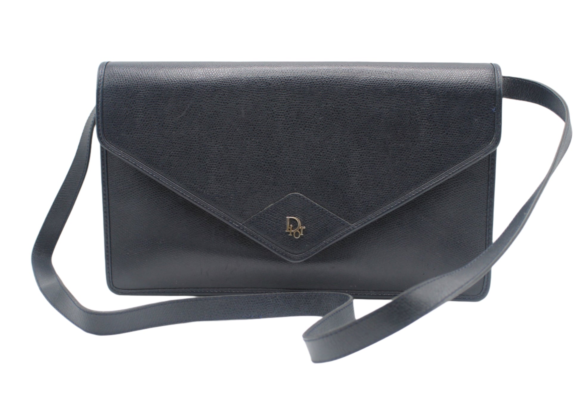 Christian Dior Dark Navy Leather Envelope Crossbody Bag 2 Black handbag with a strap on a white background
