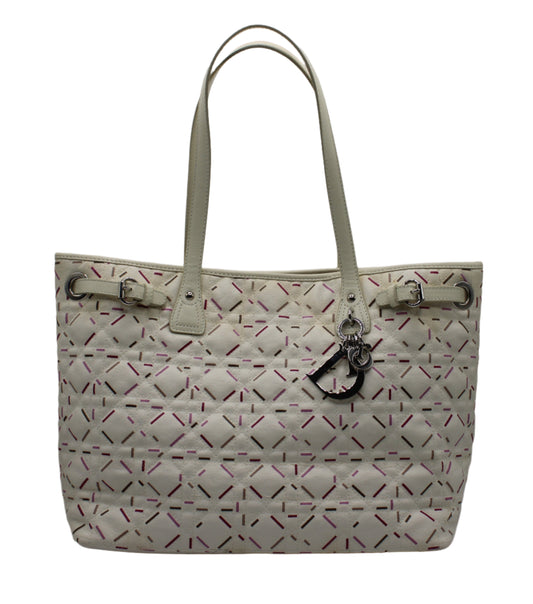  Christian Dior Ivory Cannage Canvas Multicolor Tote Bag Beige handbag with geometric pattern on a white background