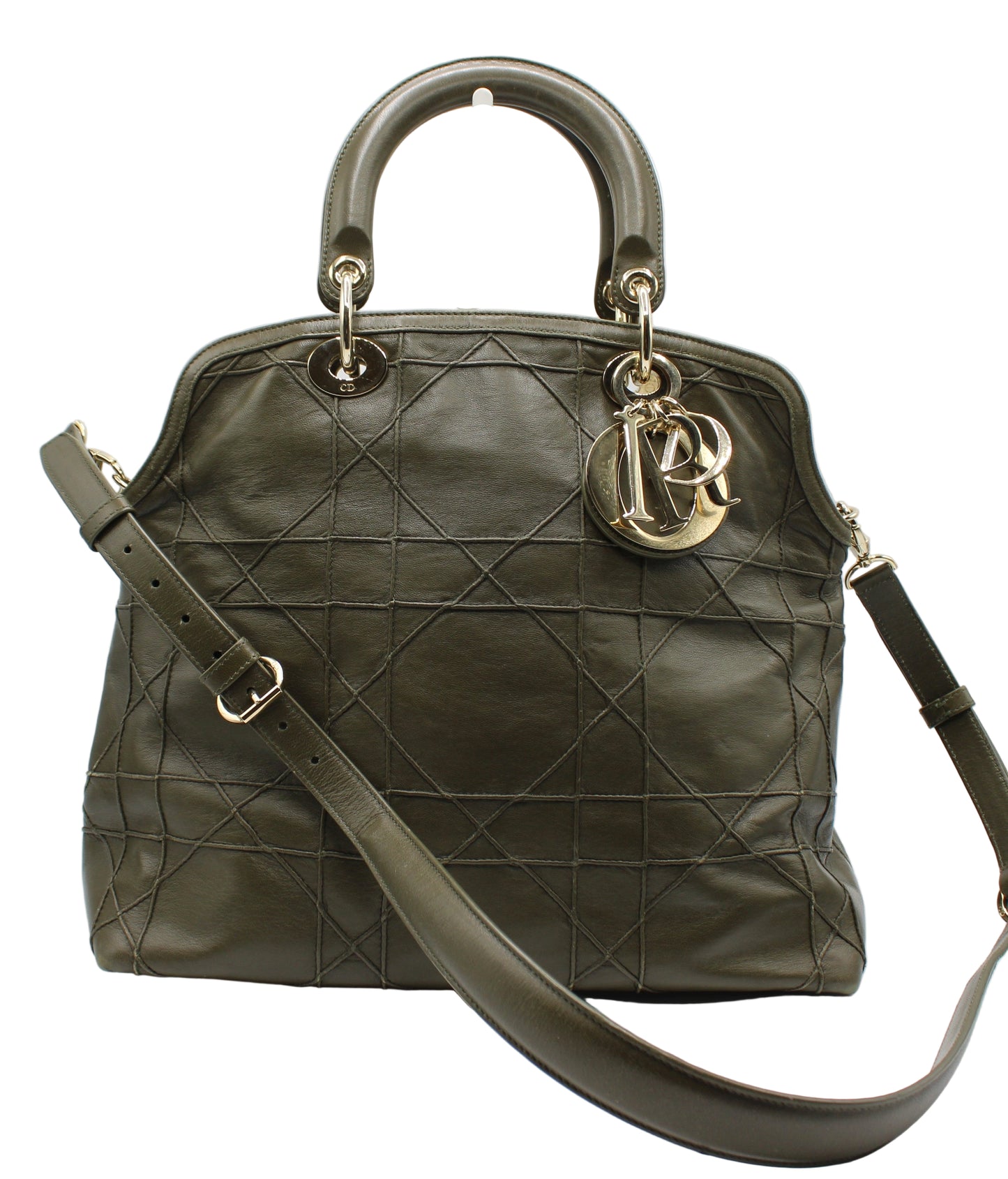 Christian Dior Khaki Leather Granville Large Tote Bag Green quilted handbag with gold hardware on a white background