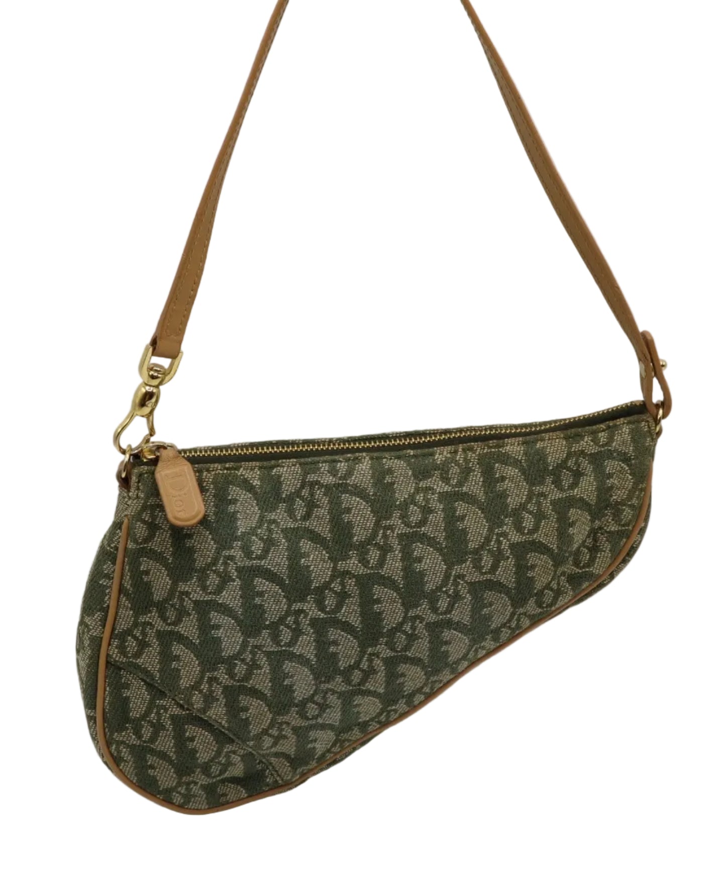 Christian Dior Khaki Oblique Canvas Saddle Shoulder Bag A vintage Dior monogram shoulder bag in green and beige canvas with tan leather trim and strap, featuring gold-tone hardware.