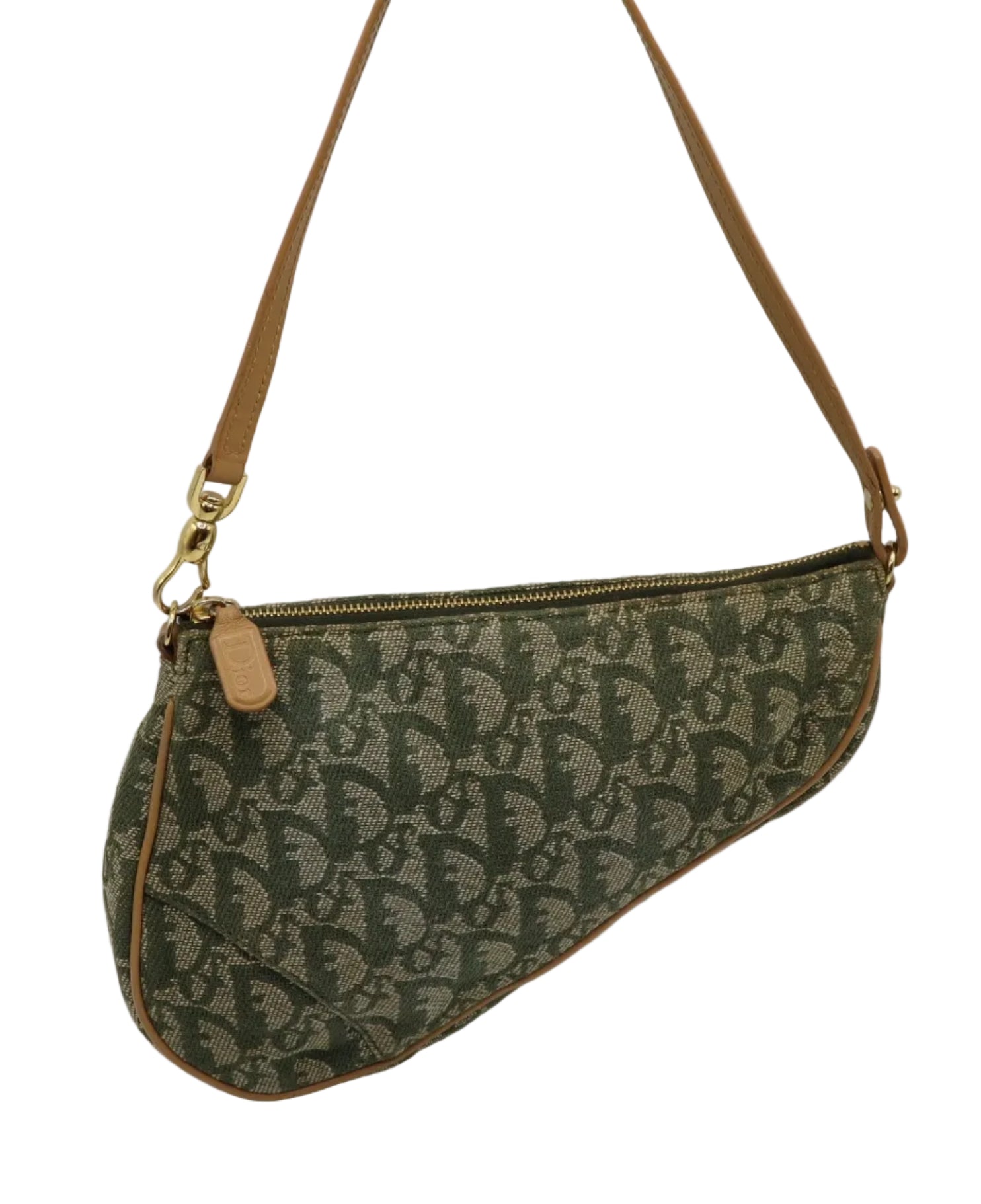 Christian Dior Khaki Oblique Canvas Saddle Shoulder Bag A vintage Dior monogram shoulder bag in green and beige canvas with tan leather trim and strap, featuring gold-tone hardware.