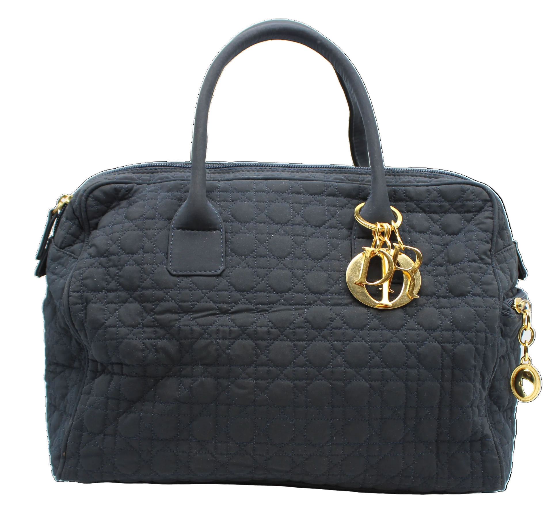 Christian Dior Navy Cannage Cloth Boston Hand Bag front Black quilted handbag with gold hardware on a white background