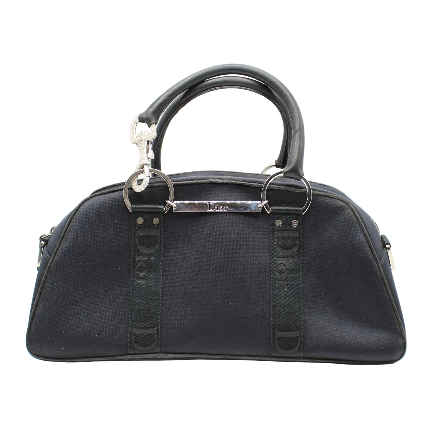 Christian Dior Navy Canvas Rhinestone Handle Handbag Black handbag with 'Dior' branding on a white background