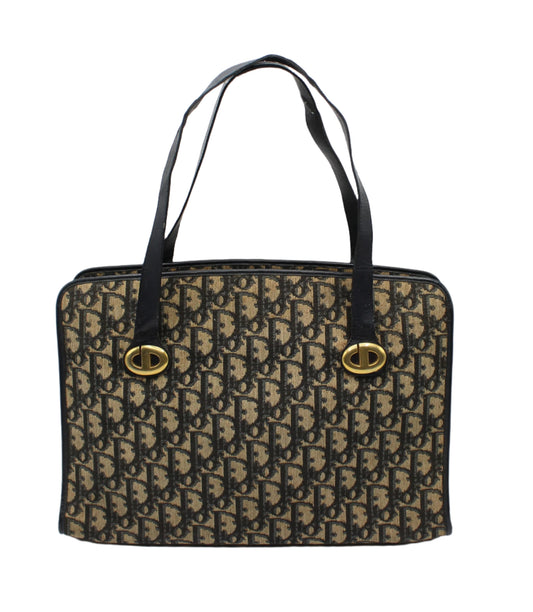Christian Dior Navy Trotter Canvas Monogram Leather Shoulder Tote Bag