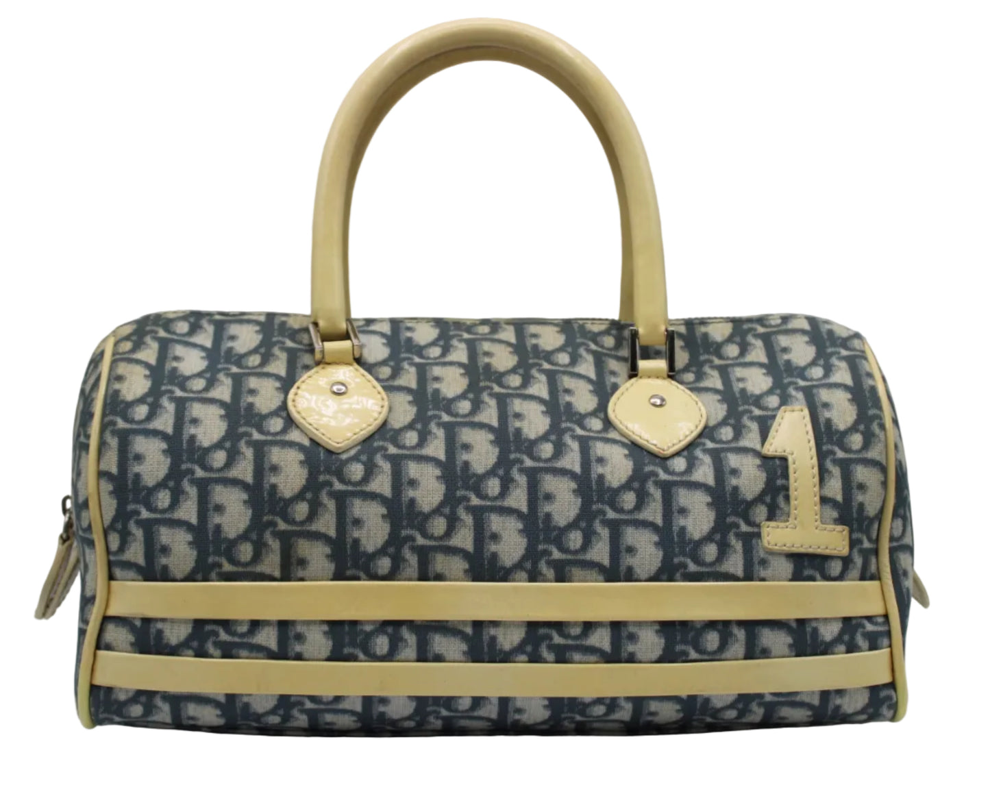Christian Dior Navy White Oblique Canvas Boston Bag Designer handbag with visible brand logo on a gray background