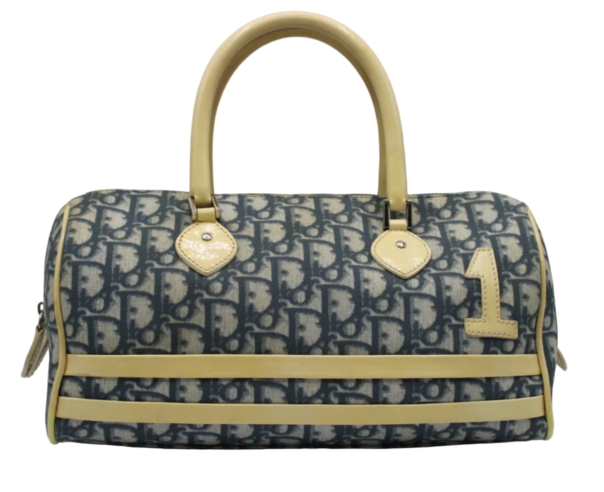 Christian Dior Navy White Oblique Canvas Boston Bag Designer handbag with visible brand logo on a gray background