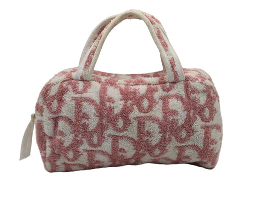 Christian Dior Pink Terry Cloth Oblique Mini Handbag Small handbag with a red and white pattern on a light gray background