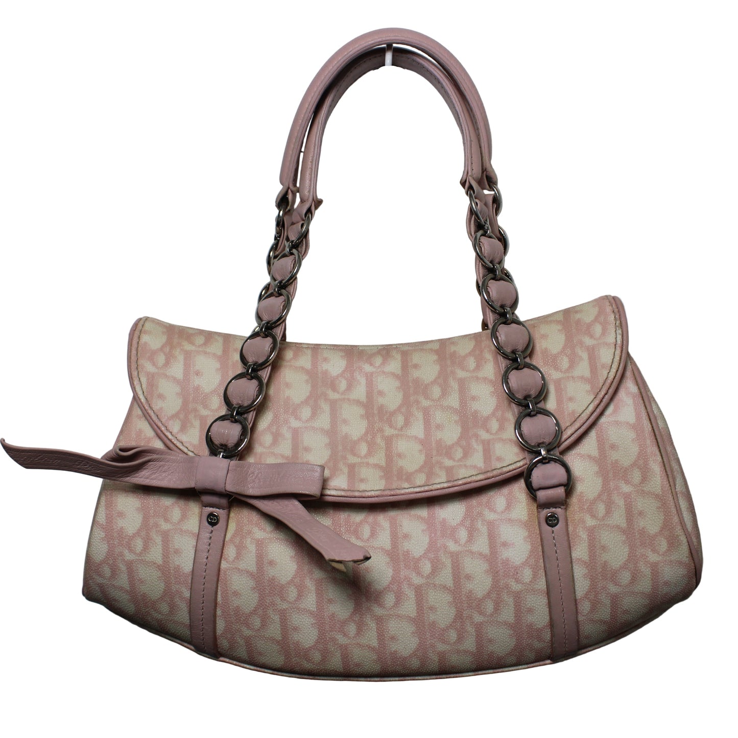 Christian Dior Pink Trotter Canvas Romantique Bow Flap Bag Pink handbag with chain detail on a light gray background