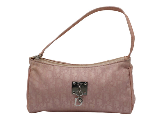 Christian Dior Pink Trotter Canvas Shoulder Bag Pink handbag with a visible brand logo on a light gray background