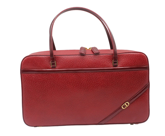 Christian Dior Red Leather Structured Hand Bag With Gold Logo Red leather handbag with a shoulder strap on a white background