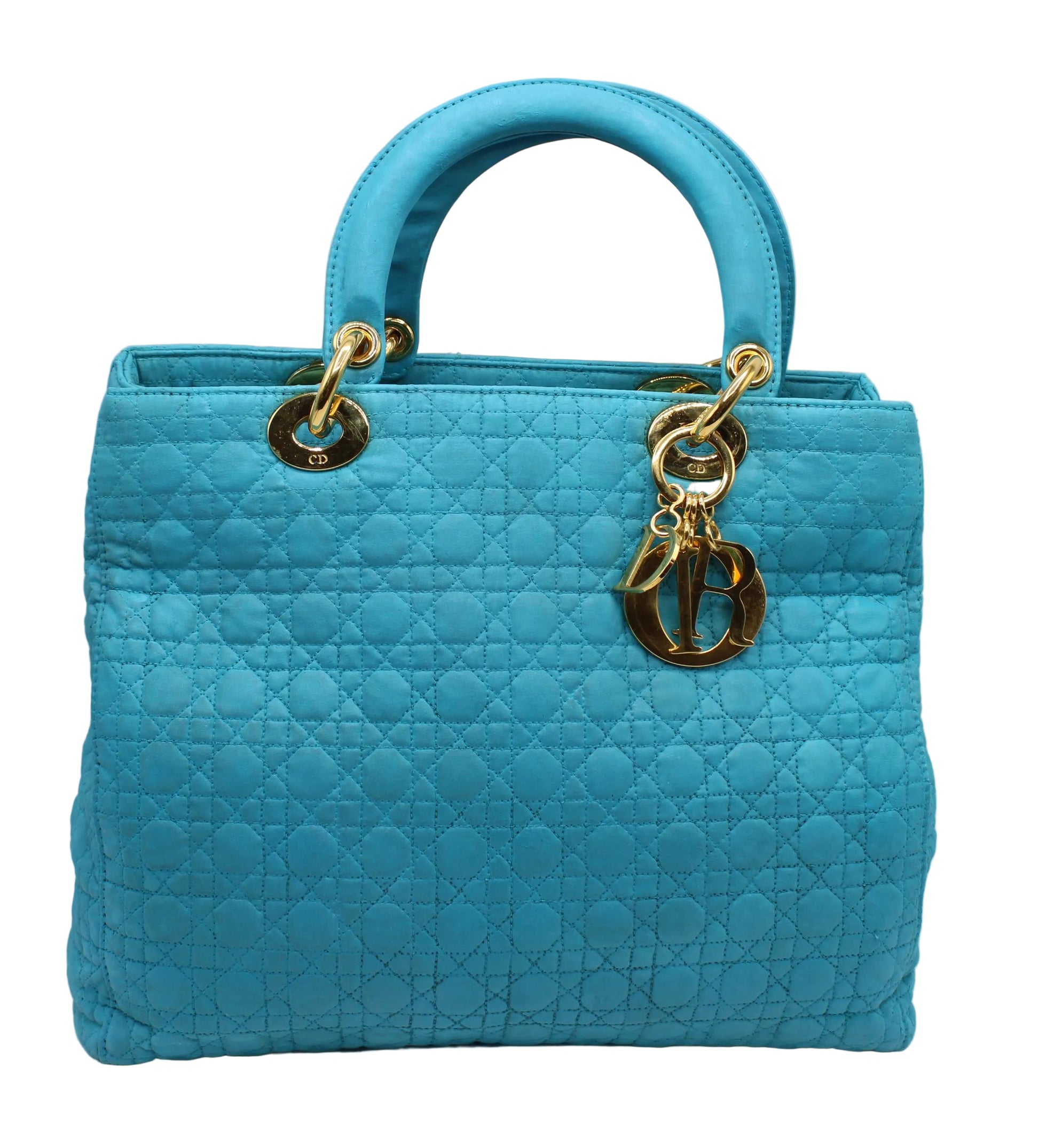 Christian Dior Turquoise Cannage Quilted Cloth Lady Dior Hand Bag